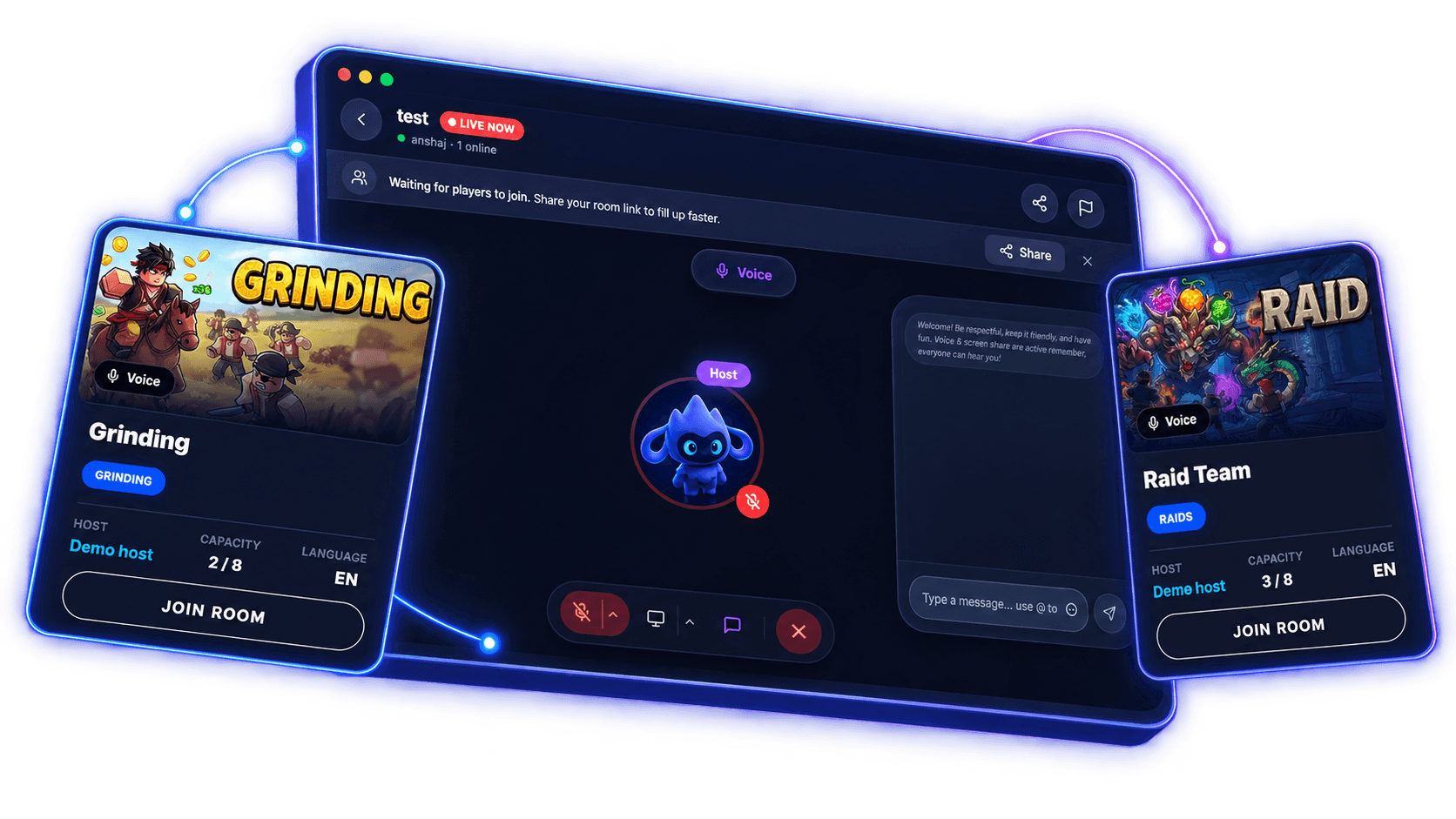 Gamersberg Rooms with a live voice session and room cards